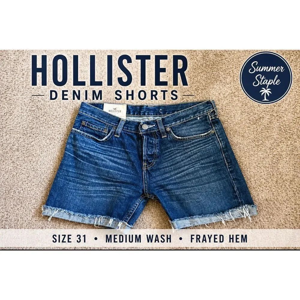 Hollister Denim Cutoff Shorts Size 31 Medium Wash Frayed Hem Casual Summer